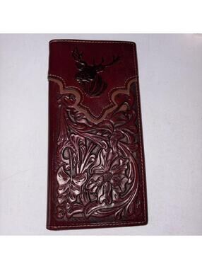 Deer Western Wallet Texas Star Handtooled Real Leather Bifold Long Brown